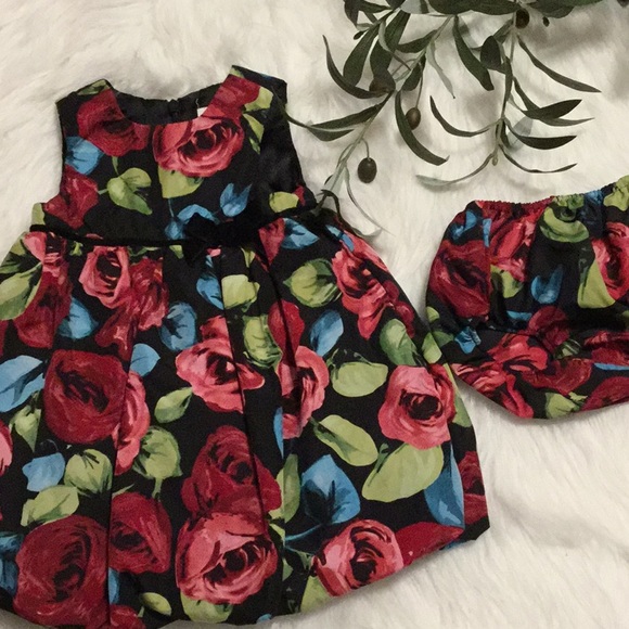 THE CHILDREN’S PLACE sz 12 Months Dress Set Floral Sleeveless Bow Red Black - Picture 1 of 6